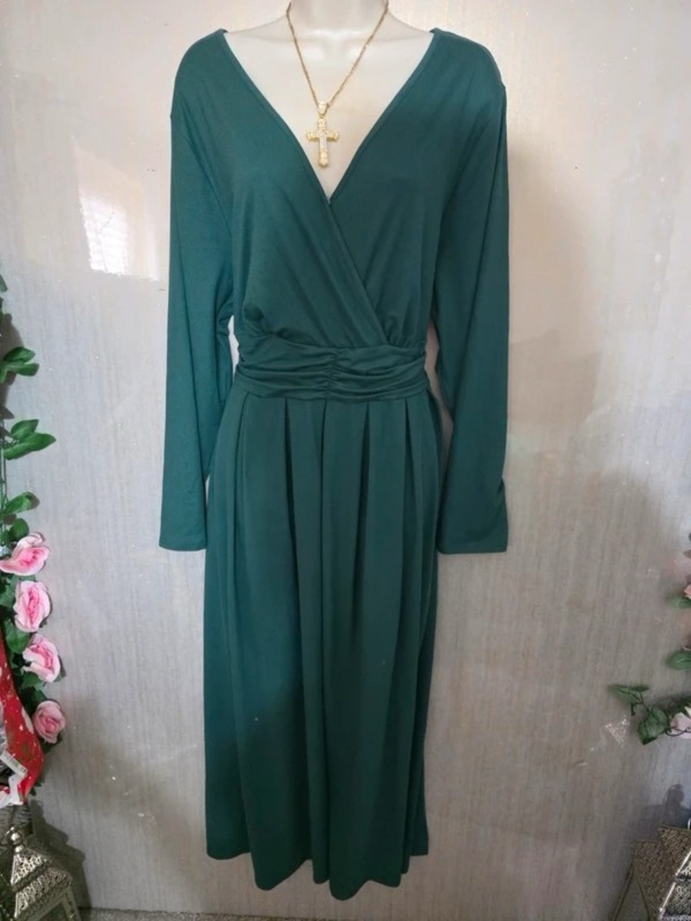 Elegant Deep Green Wrap-Front Maxi Dress